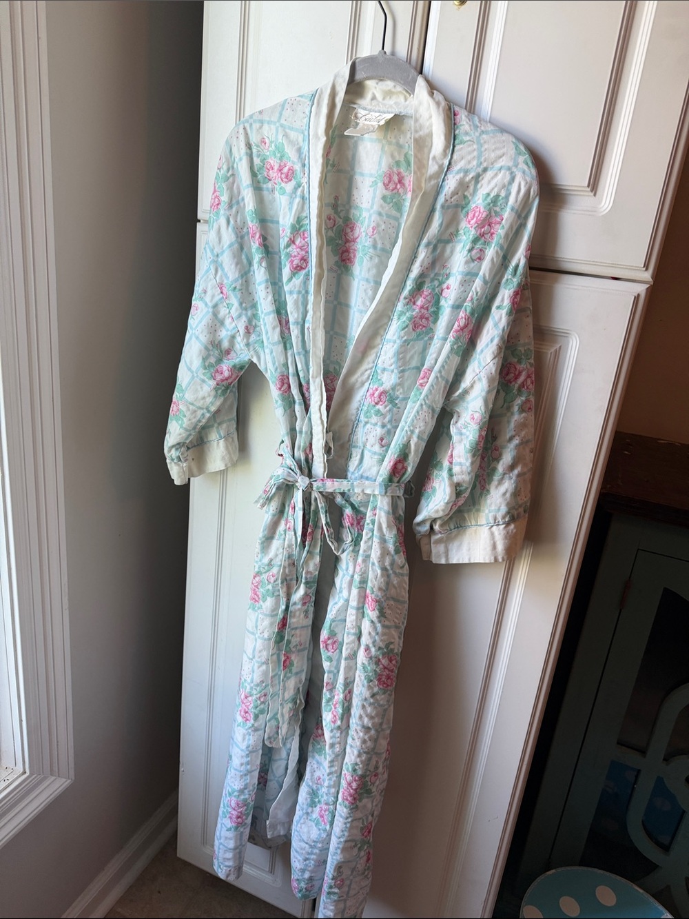 Vintage Floral Robe in Mint with Pink Roses